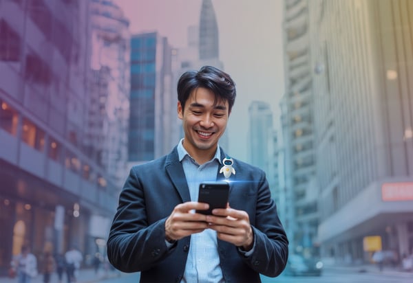 A man holding a mobile phone with an AI bot helping him