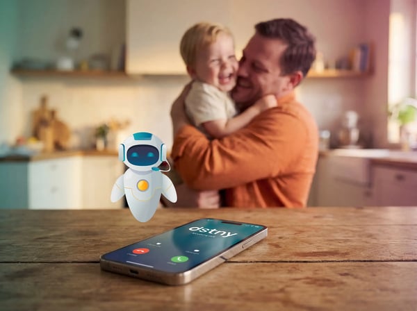 A man playing with his child, letting an AI bot take the call