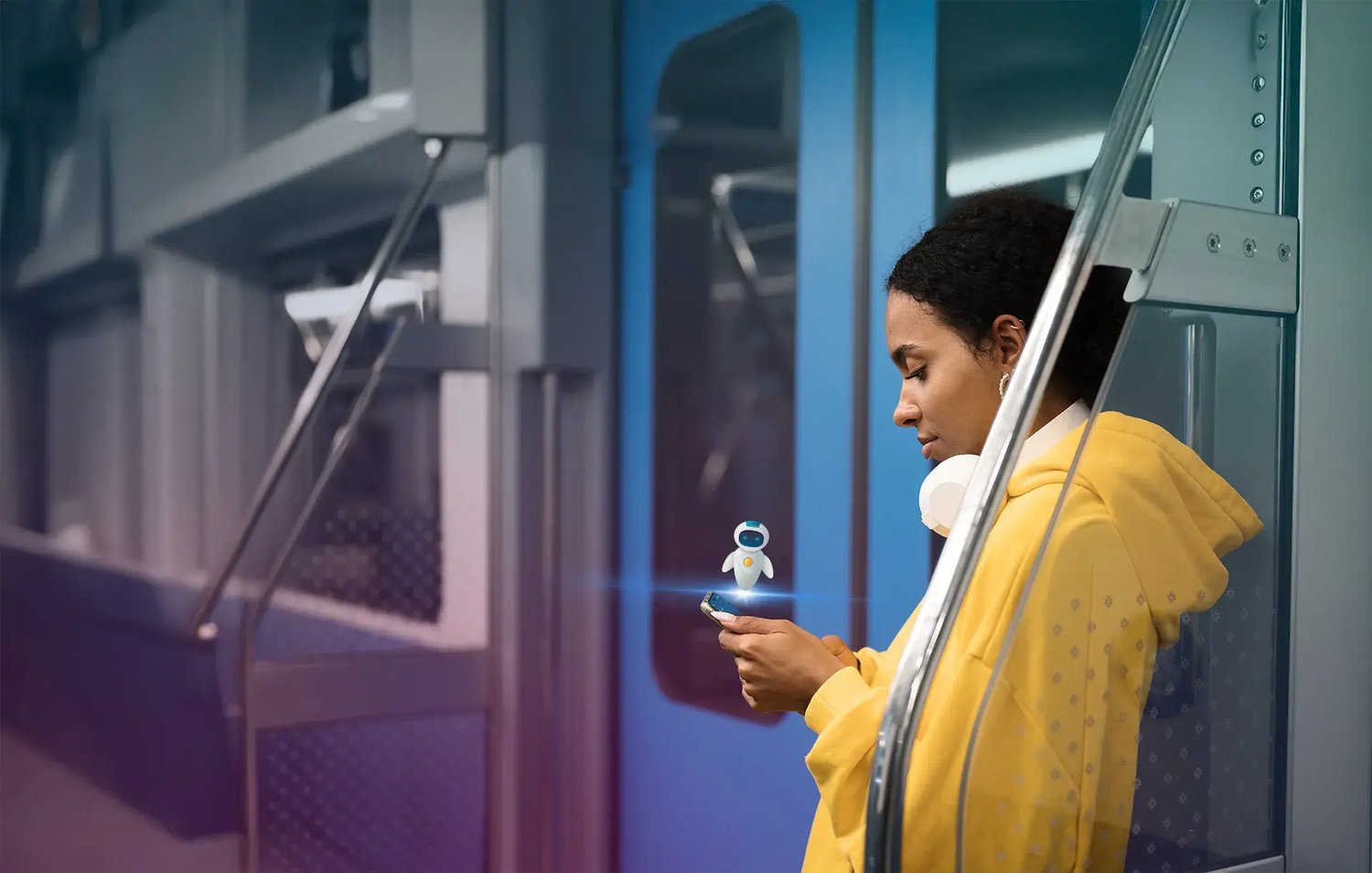 A woman riding the subway, getting help from her AI bot
