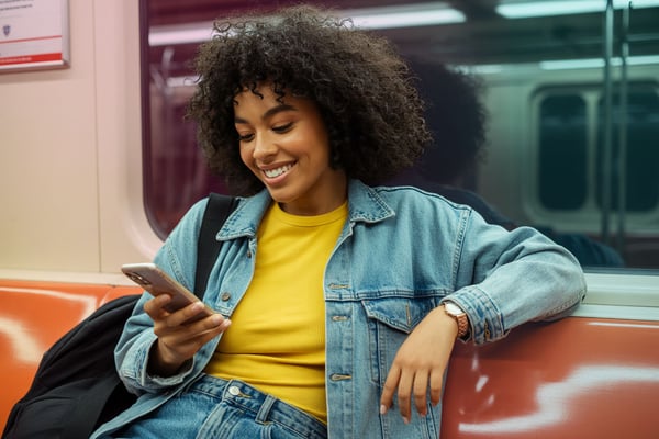 A woman on the subway, taking a call