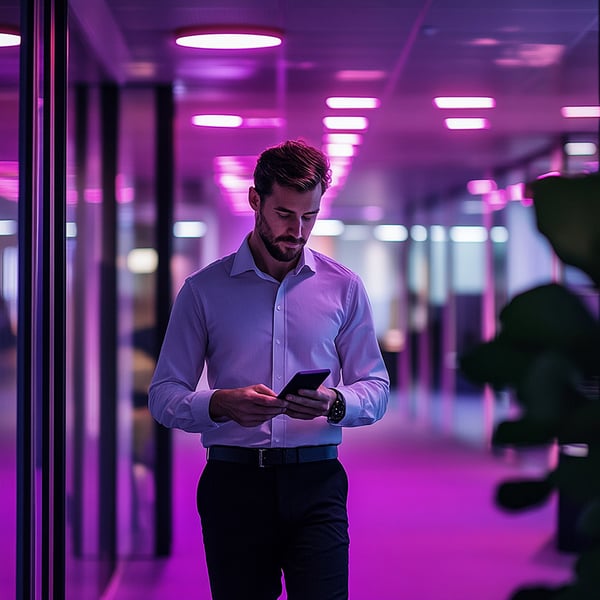 A man in a purple office
