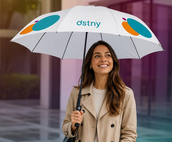 Why Dstny? Woman carrying Dstny umbrella