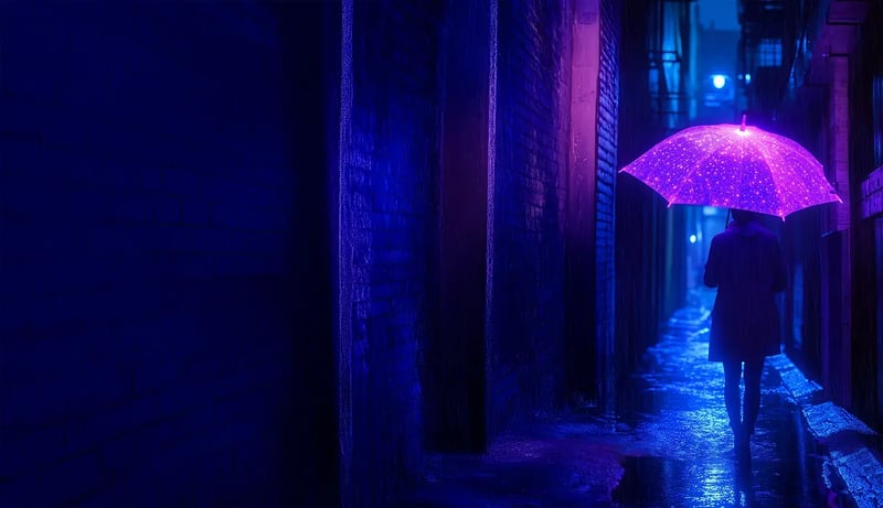 A glowing umbrella in a rainy allyway