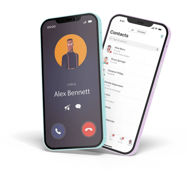 Smartphone showing Teams call and Dstny contacts